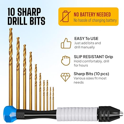 Craft911 Manual Craft Drill Sharp HSS Micro Mini Twist Drill Bits Set, Pin Vise Hand Drill for Jewelry Making; Small Hand Drill for Resin, Rotary Tools for Wood, Jewelry, Plastic, Miniature - Blue