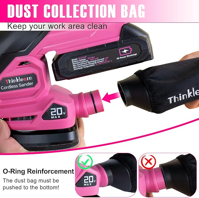 THINKLEARN Cordless Detail Sander - 20V Electric Hand Sander with 22Pcs Sandpapers, 12000 RPM Mouse Sanders with Dust Bag, Compact Palm Sanding Tool for Woodworking, 2.0Ah Battery and Charger Included