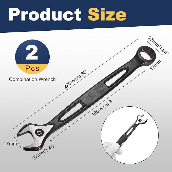 HARFINGTON 2pcs Combination Wrench 17mm Metric Extra Long 12-Point Box and Open End Carbon Steel Double Ended Industrial Grade Spanner for Automotive Furniture Machinery DIY Repair, Black