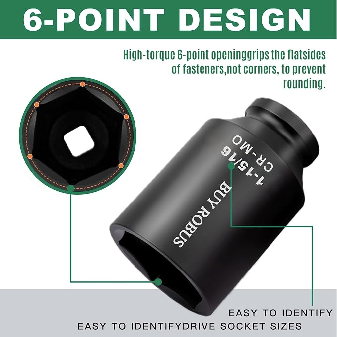 4PCS 1/2" Drive Spindle Axle Nut Impact Socket Set, 1-13/16, 1-7/8, 1-15/16, 2 Inch, CR-MO, Deep, 6 Point