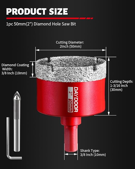 DAYDOOR 2" Diamond Hole Saw Bit with Pilot Drill Bit-1pc 50mm Diamond Tile Hole Saw with Guiding Bit for Porcelain Tile Ceramic Pottery Granite Stone Glass Bottles(3/8" Triangle Shank)