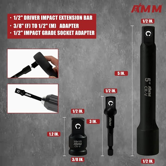 AMM 1/2" Drive Master Impact Socket Set, 24-Piece Shallow Standard SAE (7/16-Inch to 1-Inch) & Metric (13-24 mm) Sizes, Socket Assortment with Ratchet Handle，Cr-V Steel