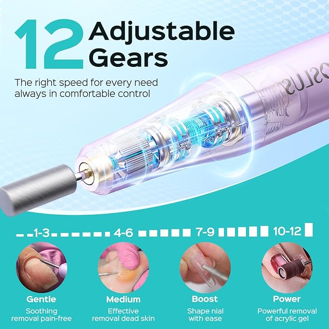 COSLUS C50 Cordless Electric Nail Drill : 12-Speed Professional Nail File with LED Display for All Manicure Shaping & Gel Removal, Nail Art Practice Essentials, Home DIY & Portable Travel Use, Purple