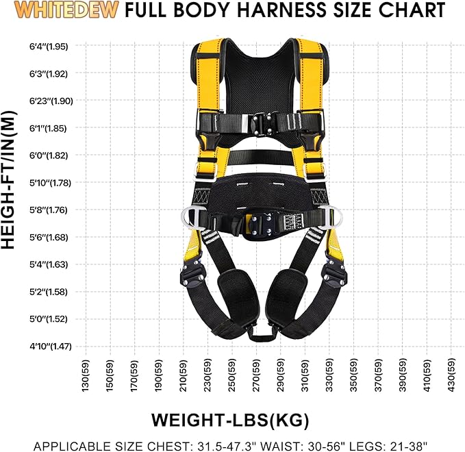 Fall Protection Premium Safety Harness with Shock Absorbing Lanyard, Vented & Padded Shoulder, Legs & Back - Upgrade 4 Quick Buckles (Yellow)