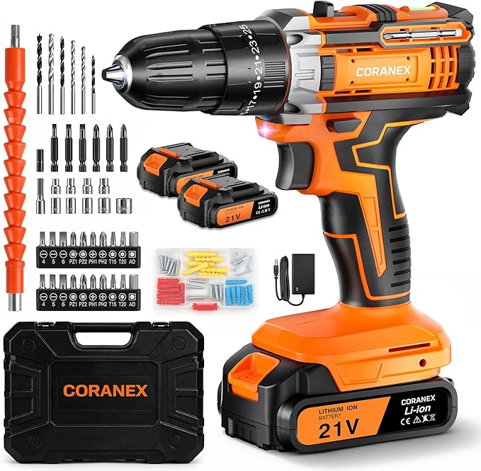 21V Cordless Drill Set with Case | Easy to Control & Lightweight | 2 Batteries | 3/8" Keyless Chuck | For Home Repair & Furniture Assembly