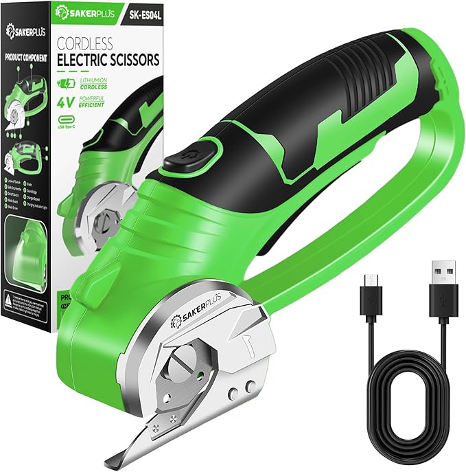 SakerPlus Cordless Electric Scissors,4V Rechargeable Cardboard Box Cutter Heavy Duty Fabric Scissor with Safety Lock & LED Light,Power Rotary Cutter for Leather Carpet Plastic Cutting,Sewing,Crafting