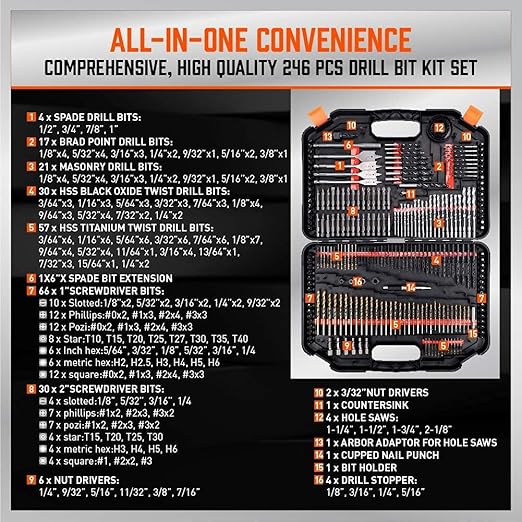 Ultimate Drill Bit Set - 246 PCS Comprehensive Premium Quality Drill Bits Kit for Wood Metal Cement Drilling & Screw Driving, Full Combo Kit Assorted in Organized Carrying Case, Reinforced Packaging