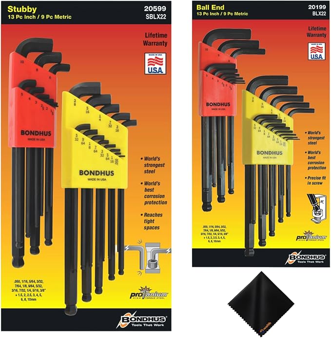 Bondhus 20599 & 20199 Ball End Hex Key L-Wrench Set Bundle, 44-Piece Kit | Includes Bondhus 20599 & 20199 Ball End Hex Key L-Wrench Sets, 44 SAE/metric hex keys, storage holders, and cleaning cloth