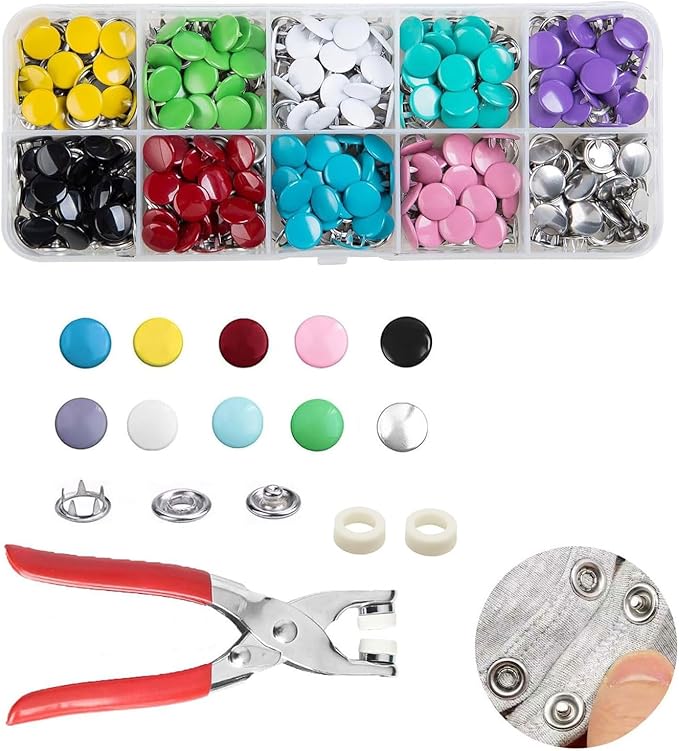 100 Sets Metal Snaps Buttons with Fastener Pliers Press Tool Kit Perfect for DIY Crafts Clothes Hats and Sewing (Colorful Colorful Solid Prong Snaps)
