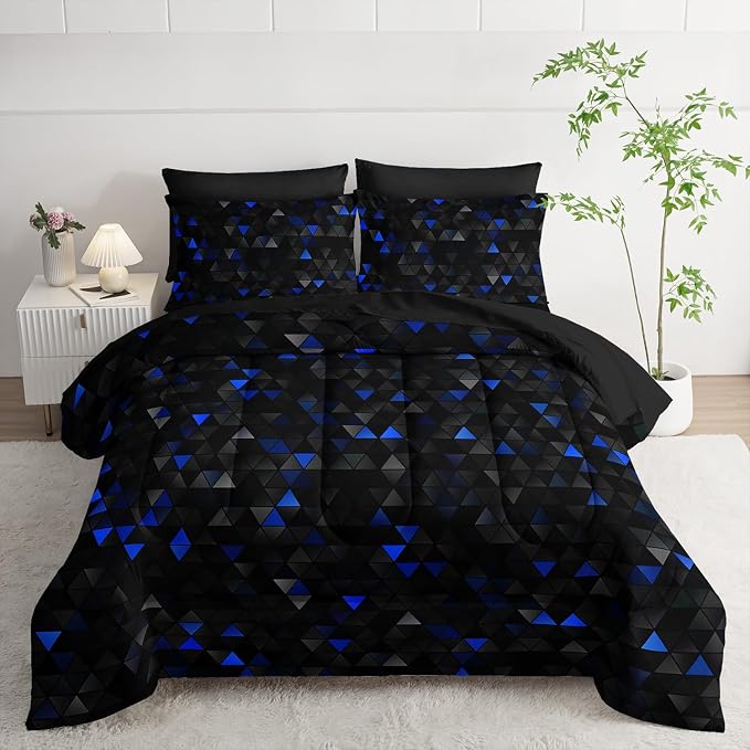 Nttopship Geometric Blue Black Triangle King Size Comforter Set,Light Honeycomb Bedding Set 7 Piece in A Bag,Bed Sheet Set Geometry Decor,Microfiber Lightweight All Season