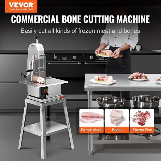 VEVOR Electric Meat Saw, 850W Stainless Vertical Cutter, 19.1"x15" Workbench, 7.09" Cutting Thickness, Includes 5 Blades for Slicing Frozen Meat, Pork, Beef, and Ribs
