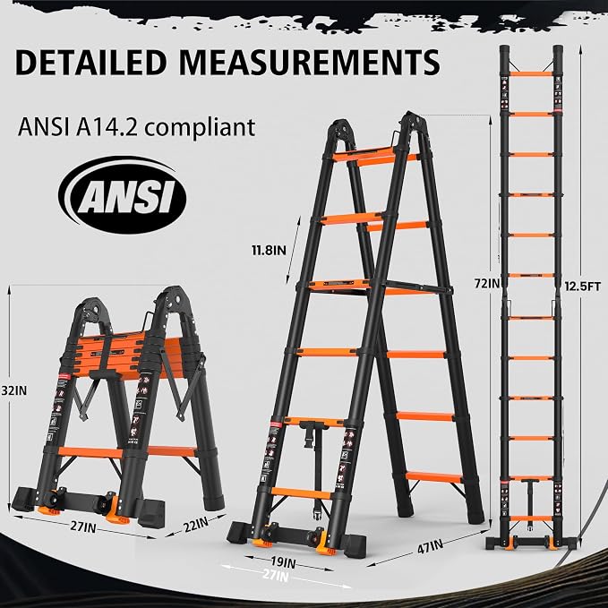 SINMEIRUN Telescoping Ladder, 12.5 FT, A Frame, Aluminum Extension Ladder, 330 lbs Capacity, Collapsible Multi-Purpose Ladder for Home, Roof and RV; Orange
