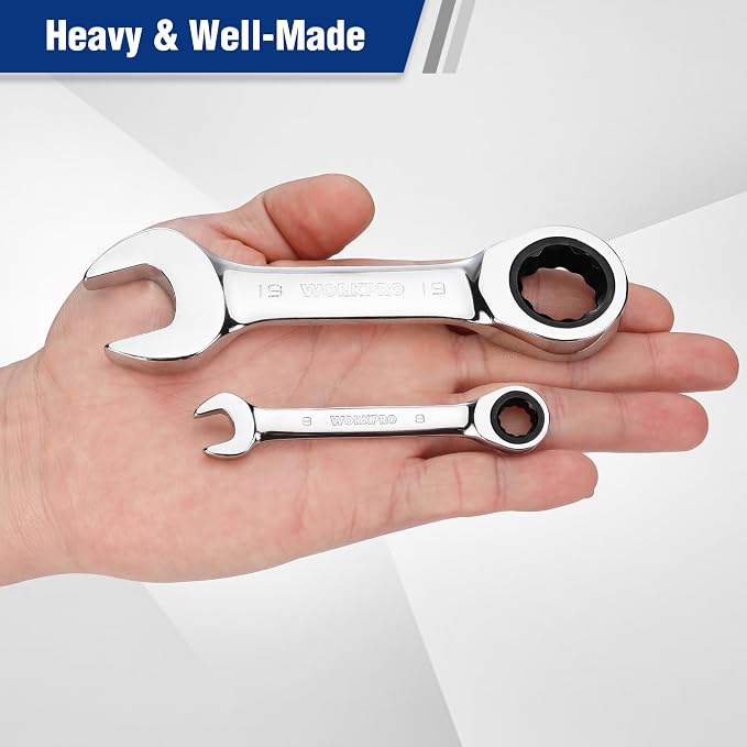 WORKPRO 12PCS Stubby Combination Ratcheting Wrench Set, Metric 8-19mm | with Storage Box, 72-Teeth, Cr-V Steel, HRC 50 Hardness, For Home Project, Auto Repair, Plumbing, Construction, Machinery