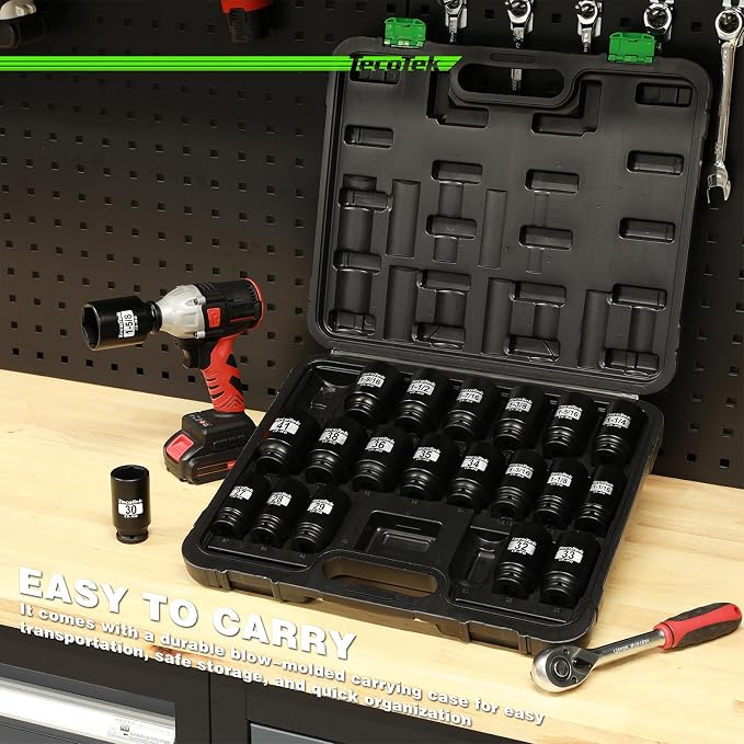 TecoTek 1/2" Drive Deep 6-Point Impact Socket Set, 21-Piece Spindle Axle Nut Impact Socket Set, CR-MO, SAE (1-1/16-Inch to 1-5/8-Inch) and Metric (27mm to 41mm)