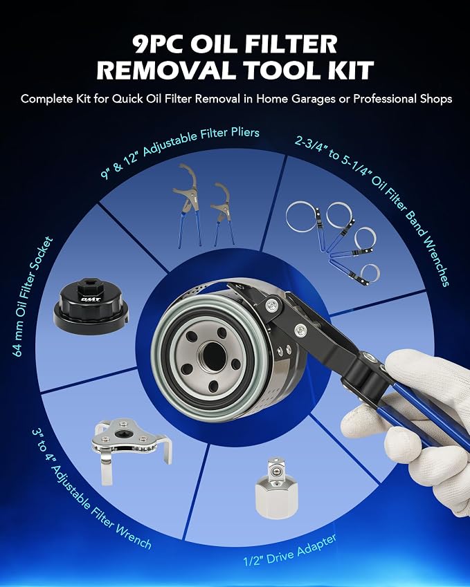 OMT 9pc Oil Filter Wrench Set, Universal 3-Jaw Removal Tool | Adjustable Oil Filter Wrenches 2-3/4" to 5-1/4", 9" & 12" Pliers, 1/2" to 3/8" Adapter