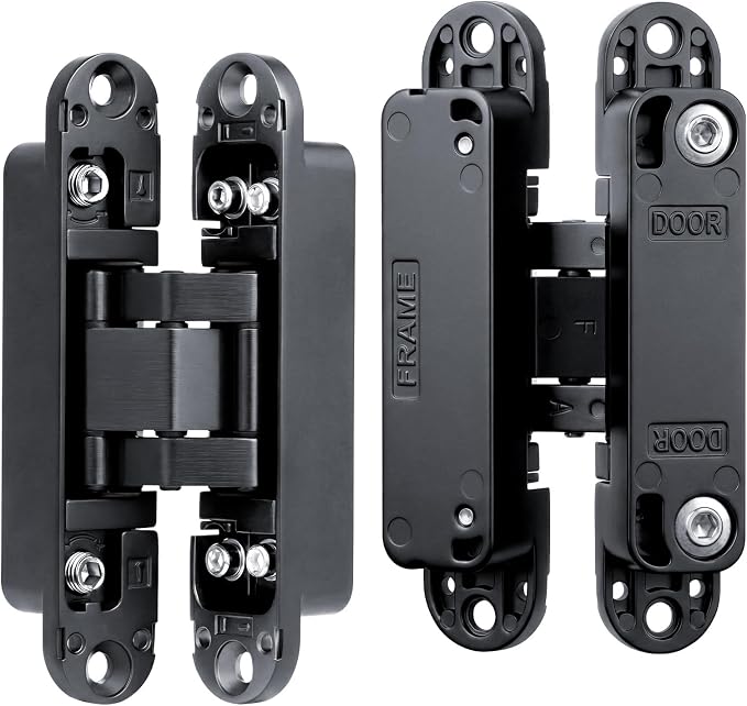 4.5" Hidden Door Hinges, Invisible Concealed Hinges, 180° Swing Adjustable Butt Hinge, Silent Operation, Ideal for Secret Rooms, Bookcase Doors & More (Black, 2 Pack)
