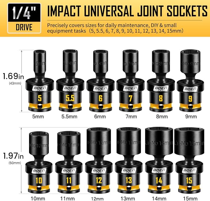 BOEN 12-Piece 1/4" Drive Metric Impact Swivel Socket Set (5-15mm), 6-Point Shallow Wobble Sockets, Cr-Mo Steel, Includes Storage Rail