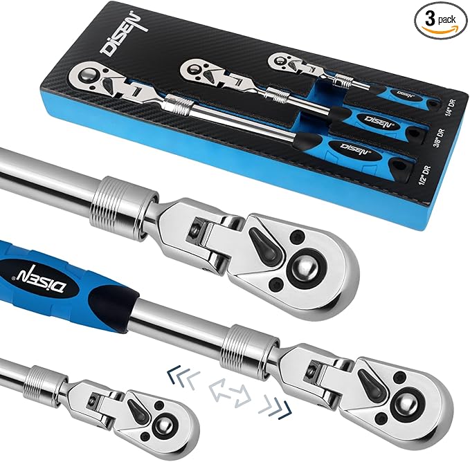 DISEN 3-Piece Extendable Flex-Head Ratchet Wrench Set with EVA Storage Case - 1/4", 3/8", 1/2" Drive, 72-Tooth, Rubber Grip, Adjustable Length - Professional Automotive and DIY Tools