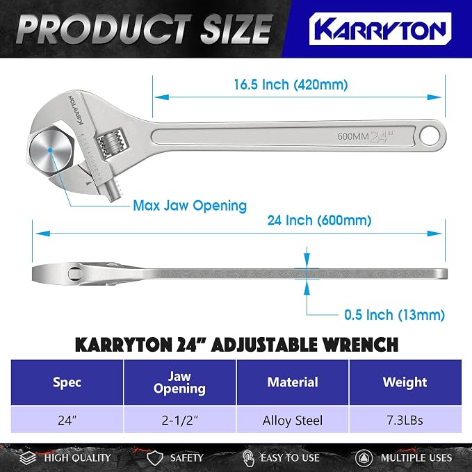 24" Inch Adjustable Wrench with 2-1/2"(63mm) Max Jaw Opening (Scales Metric and SAE), Drop Forged Alloy Steel Adjustable Spanner for Various Fasteners, Chrome Plated Handle Polished