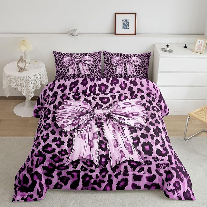 Feelyou Leopard Print Kids Comforter Set Queen Size Purple Cheetah Print Bedding Set Bowknot Duvet Quilt for Kids Boys Girls Bedroom Decor Microfiber Ultra Soft Breathable