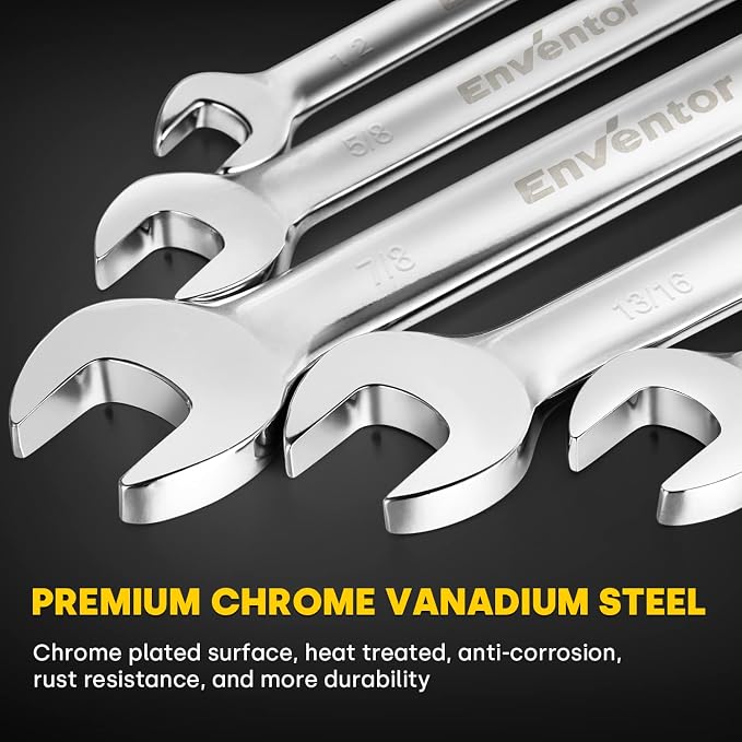 Enventor Ratcheting Wrench Set with 180° Flex Head, 12-Piece, SAE 1/4-7/8" | 72-tooth Ratchet, 5° Swing Arc, 12-point Box Ends, CR-V Steel, Slim Profile, Roll-up Pouch