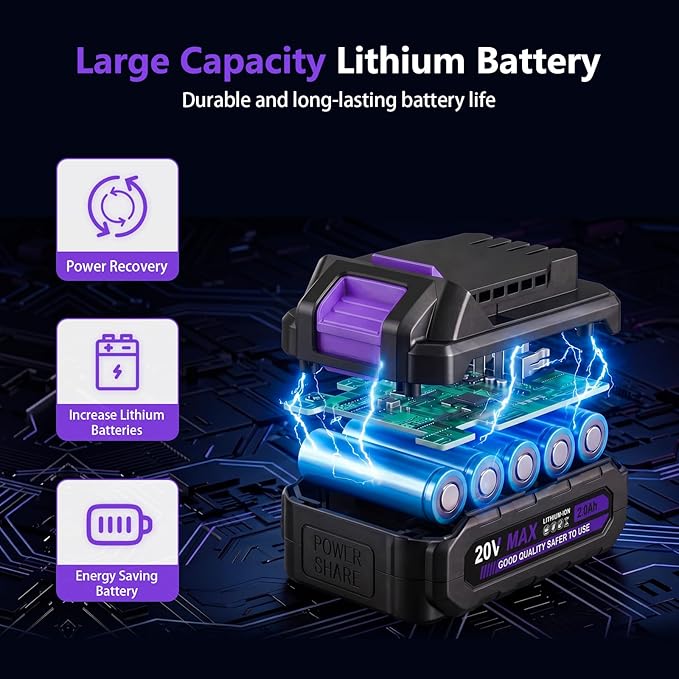 Purple 20V Cordless Drill Electric Drill set, Electric Screwdriver with 2 Batteries & Charger, 3/8" Keyless Chuck, 25+1 Torque 2-Speed Hammer Drill, Drill Bits Kit for Home DIY & Woodworking