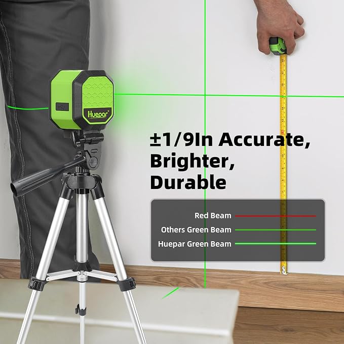 Laser Level with 25.6in Tripod, Fathers Day Dad Gifts, Huepar 100Ft Self Leveling Laser Level Rechargeable Green Cross Line Laser Leveler Tool for Picture Hanging, Tile, Home Renovation, Carry Bag