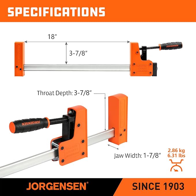 Jorgensen 18-inch Bar Clamps Set, 2-pack 90° Parallel Clamps Cabinet Master, Steel Jaw Bar Clamp for Woodworking, 1500 lbs Load Limited