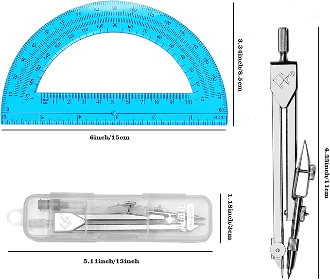 Students Geometry Math Set, Drawing Compass and 6 Inch Transparent Swing arm Protractor 180 Degree Math Protractor (Blue)