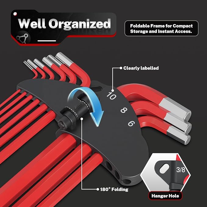 TOMMARS Allen Wrench Sets, SAE, Metric & Torx, Magnetic Ball End T-Handle | Magnetic Ball End, S2 Steel, T-Handle, SAE(1/16"-3/8"), Metric(1.5mm-10mm), TORX(T10-T50)
