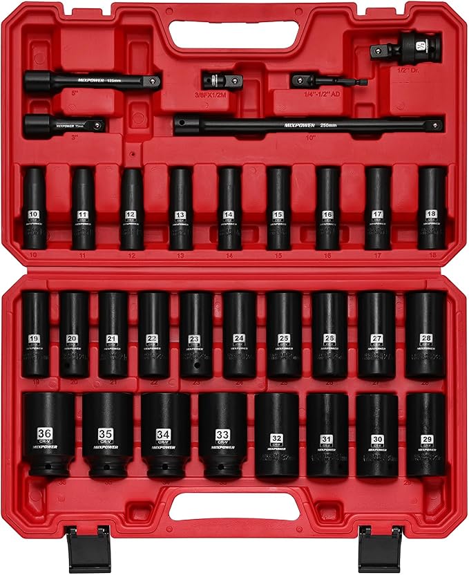 MIXPOWER 33 PCS 1/2” Drive Impact Socket Set, 10 to 36mm Deep Socket, 6-Point Hex Socket with Portable Case,Metric,CR-V&CR-MO Steel