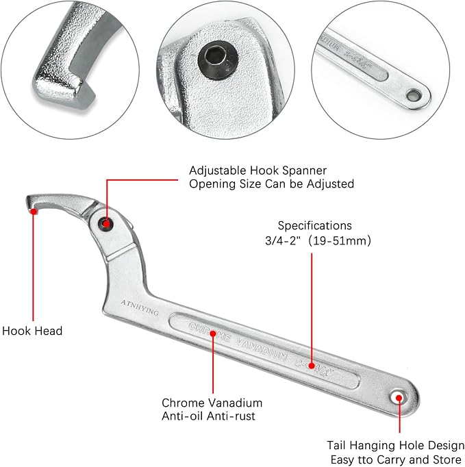 4 pcs Spanner Wrench Set, Adjustable C Pin Spanner Hook Wrench Tool for Machine Tools, Vehicles, Mechanical Equipments,Round Head3mm5mm6mm8mm (4pcs Square Head)
