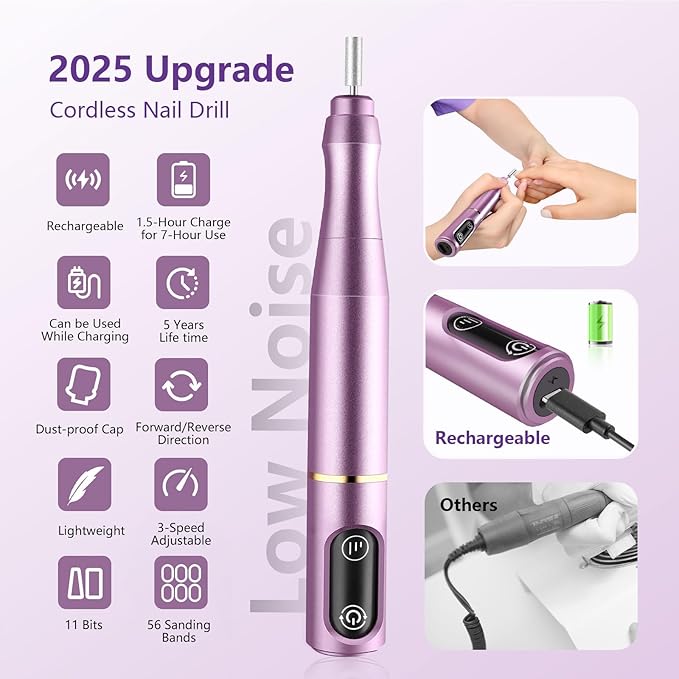 TUOBEO Cordless Nail Drill Electric Nail File Kit, Rechargeable Efile Set, Portable Acrylic Gel Nail Polish Remover Machine, Pedicure Manicure Tool, 11 Bits, 56 Sanding Bands, Salon Home, Purple