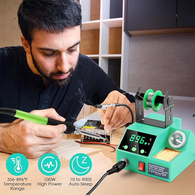 Soldering Station, 100W Digital Display Soldering Iron Station Kit with 2 Helping Hands, 356°F - 896°F, Auto Sleep, °C/°F Conversion, Solder Wire, Tips, Stand, Pump, Tweezers, Tip Cleaner, Cyan