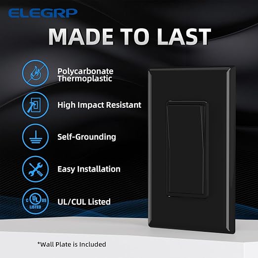 ELEGRP 3 Way Decorator Light Switch, 15Amp, 120-277 Volt, AC Rocker Paddle Wall Switch Replacement, Self-Grounding, Residential Grade, Screwless Wall Plate, UL Listed (20 Pack, Glossy Black)