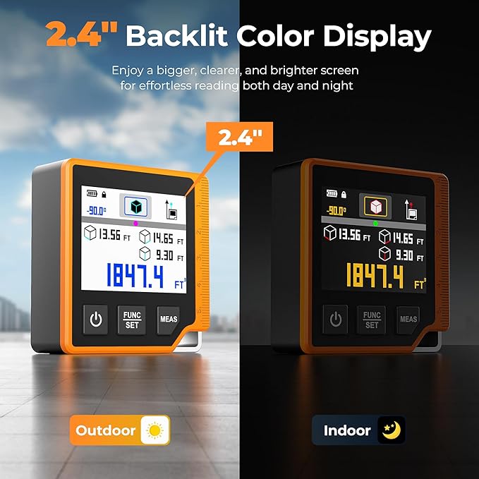Laser Measuring Tool, 262ft Laser Measure with Digital Angle Finder & Level, Magnetic Rechargeable Laser Measurement Tool with 2.4'' Color Backlit Display, 6 Units, Length/Area/Volume/Pythagorean Mode