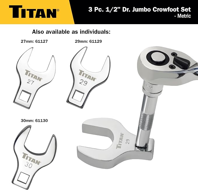Titan 61199 3-Piece 1/2-Inch Drive Metric Full Polish Crowfoot Wrench Set, Includes 27mm, 29mm, and 30mm
