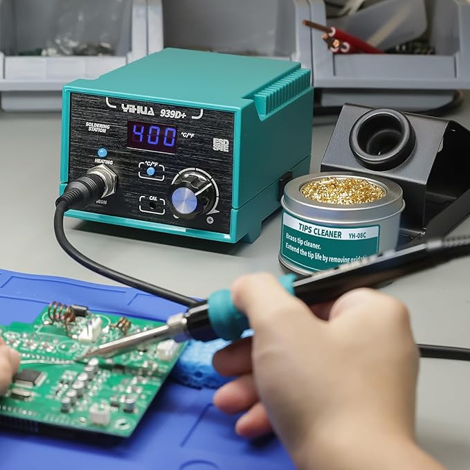 YIHUA 939D+ Digital Soldering Station, 75W Equivalent with Precision Heat Control (392°F to 896°F) and Built-in Transformer. ESD Safe, Lead Free with °C/°F display (Green)