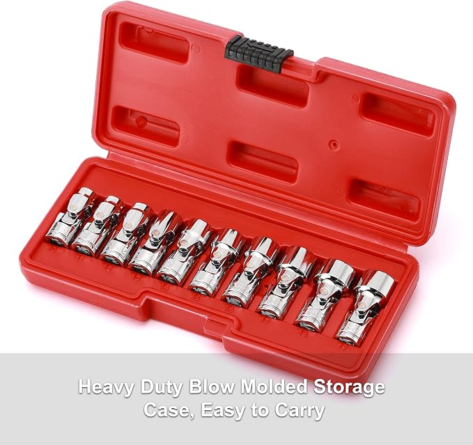 CASOMAN 3/8" Drive Universal Joint Socket Set- 10 Piece Flex Socket Set, 6-Point, Cr-V, Metric, 10-19mm