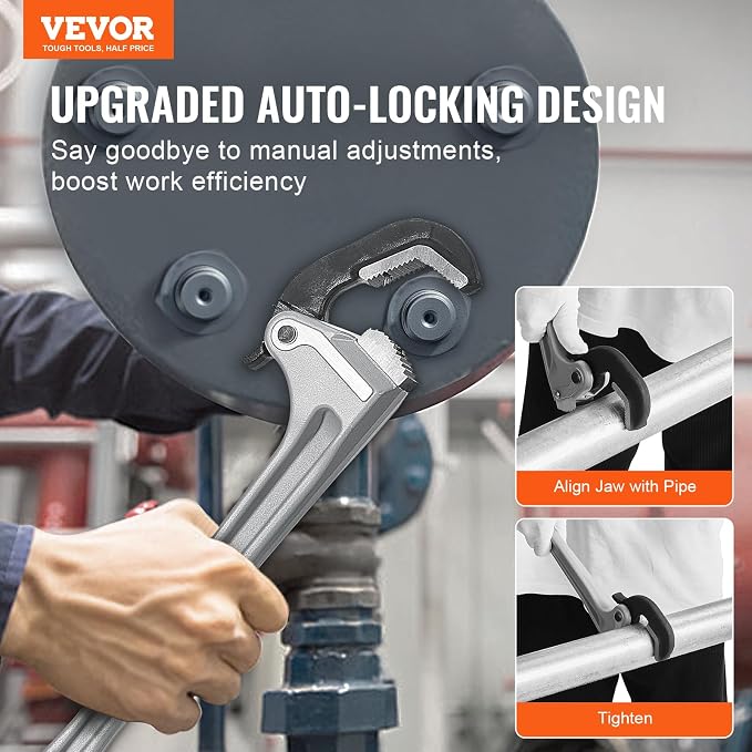 VEVOR Pipe Wrench, 18" Aluminum Straight Pipe Wrench, Automatic Jaw Adjustment, Adjustable Plumbing Wrench, Easy to Carry, Ergonomic Handle, Hangable Design, for Water Pipes, Automotive Repairs
