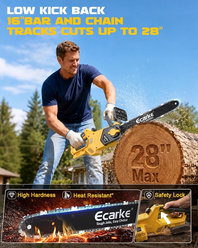 Ecarke 16-Inch Brushless Chainsaw Compatible with Dewalt 20V Cordless Chain Saw Brushless 45Ft/s Electric Hand Tree Saw for Wood/Tree Cutting and Pruning (Tool Only)
