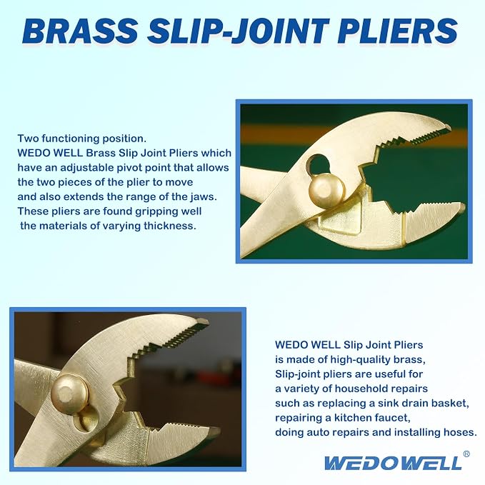 WEDOWELL 8" Brass Slip Joint Pliers,Wire Cutter with Rubber Grip Handle,Combination Pliers,Corrosion-resistance
