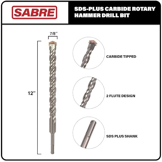 7/8 Inch x 12 Inch SDS Plus Rotary Hammer Drill Bit, Carbide Tipped for Brick, Stone, and Concrete Version 2 (7/8" x 10" x 12")
