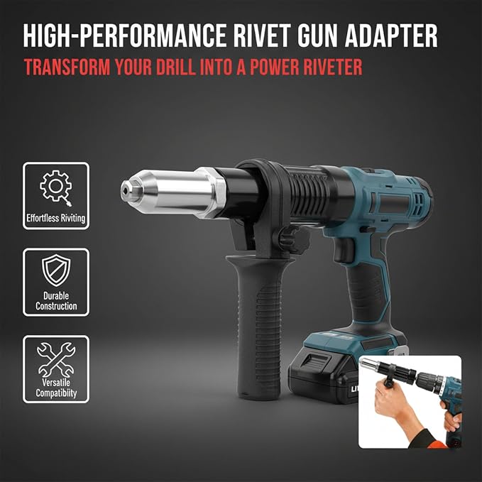 Professional Electric Rivet Gun Adapter Kit, Pro-Grade Electric Rivet Gun Adapter with Removable Handle 4 Rivet Heads for Cordless Screwdrivers and Drills Turn Your Drill into a Riveting Beast (2PCSS)