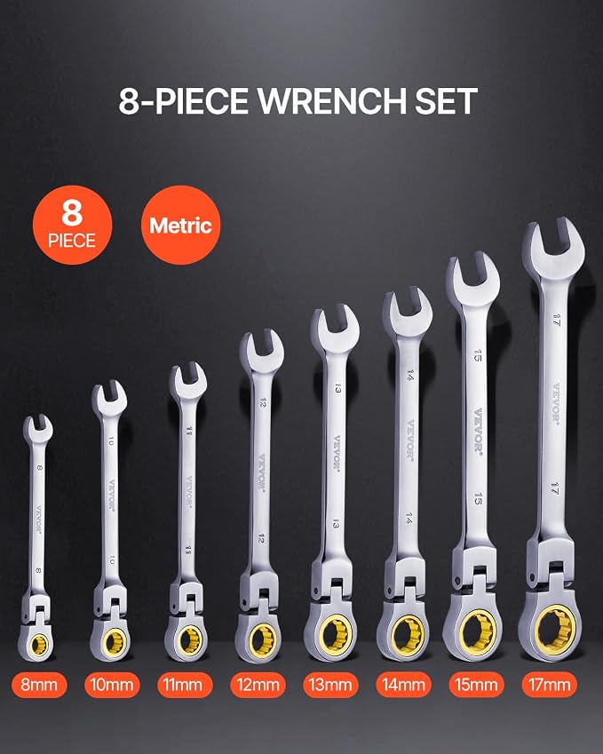 VEVOR Flex-Head Ratcheting Wrench Set, Nickel Plating, 8-piece Flexible Ratcheting Combination Wrench Set with Roll-up Pouch, CR-V, 72 Teeth, Metric 8-17mm