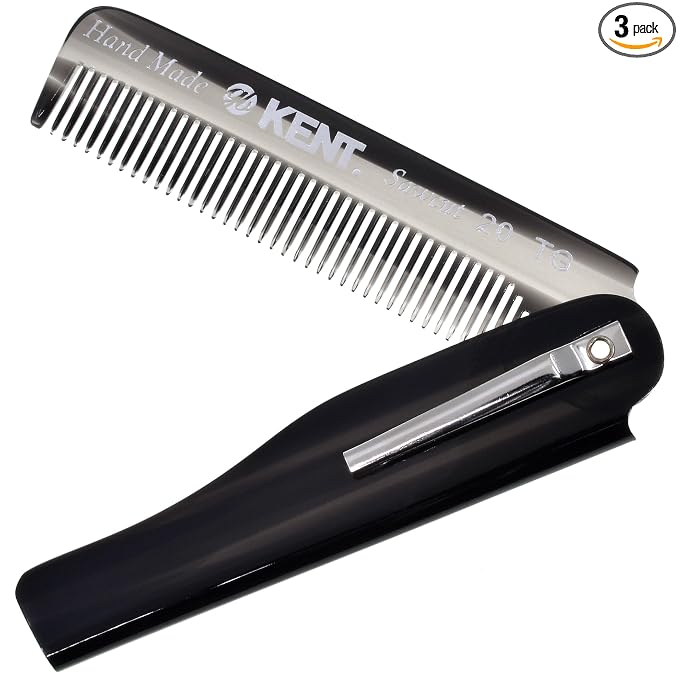 Kent 20T Black Graphite Handmade Folding Pocket Comb for Men, Fine Tooth Hair Comb Straightener for Everyday Grooming Styling Hair, Beard or Mustache, Use Dry or with Balms, Saw Cut, Made in England