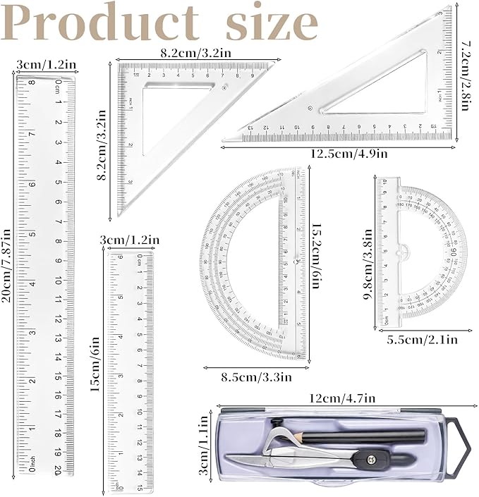 1 Set Plastic Geometry Math Set, Measuring Tool Includes Clear Ruler 12 Inch 6 Inch 6 and 3.8 Inches Protractor 45/60 Degree Triangle Rulers Compass for Office Drawing Drafting Engineering