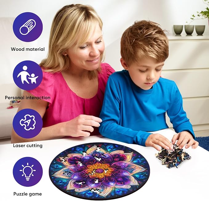 Delobil Puzzles for Adults 500 Pieces, 5MM Thick Colorful Mandala Flower Wooden Puzzles, Geometric Art Blue Round Jigsaw Puzzles for Adults and Kids, Family Game Gift Puzzle 16.5 * 16.5Inch