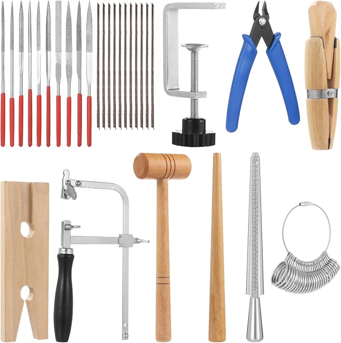 OMISTAR Jewelers Tools Set, Professional Measuring & Making Kit - Includes Saw Frame, Bench Pin, Needle Files, Clamps & Sizers, Complete Silversmithing Starter Set for Jewelry Craft