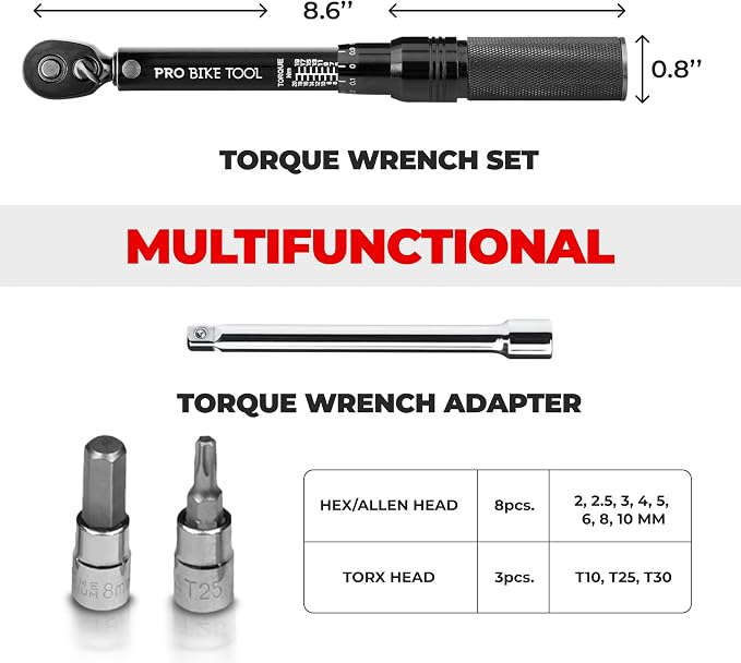 PRO BIKE TOOL Bike Torque Wrench Set - 1/4 Inch Drive, 2.2-16.9 Nm | 20-150 in-lb, Allen & Torx Bits, Extension Bar, Protective Storage Case